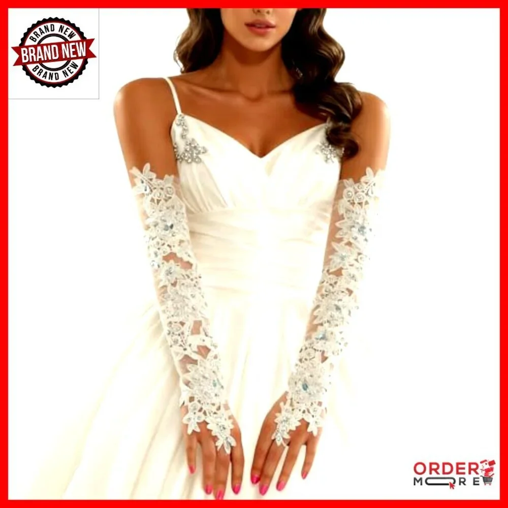 Long Elbow Length Fingerless Lace Gloves Rhinestone Wedding Party Prom